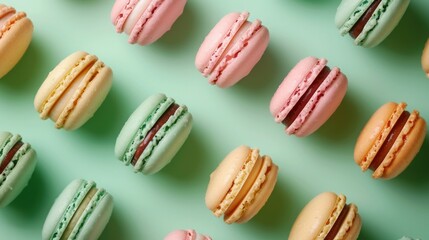 Obraz premium Various colorful macarons on mint green background top view pattern