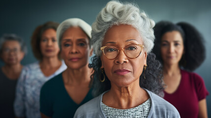 Fototapeta premium A group of diverse women stand together in a studio setting