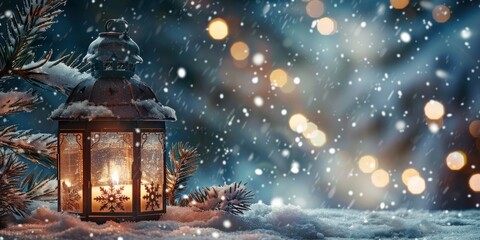 Enchanting Winter Lantern Snowfall Under a Starry Night is a beautiful and magical decoration that glows and illuminates the snowy landscape, creating a cozy and festive atmosphere