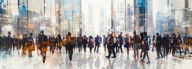 A large group of people in business attire were walking around the mall, with a cityscape in the background The photography used double exposure and multiple exposure styles Generative AI