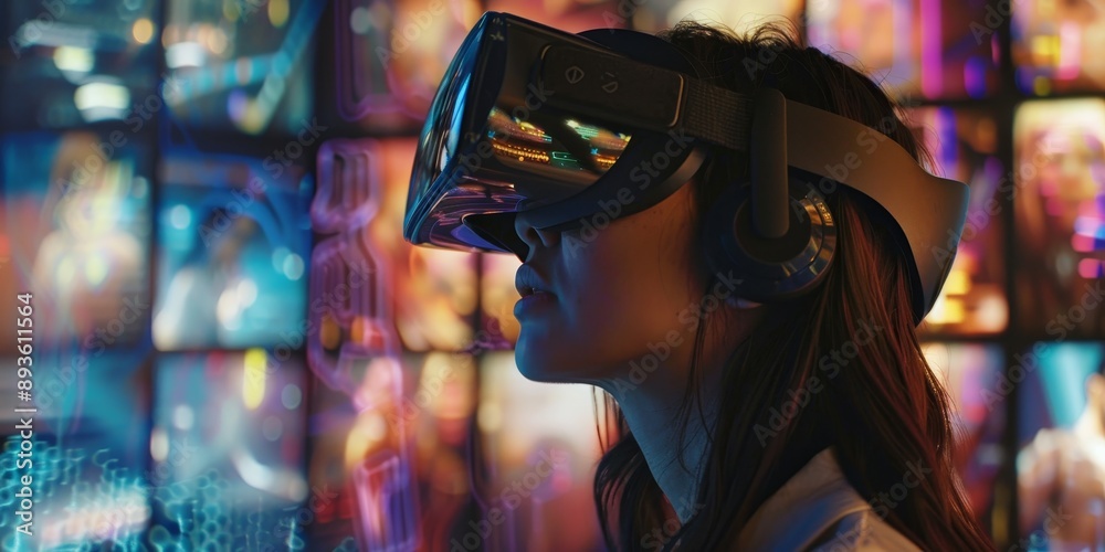 Poster a virtual reality headset user experiencing an ai-enhanced virtual world, demonstrating the immersiv