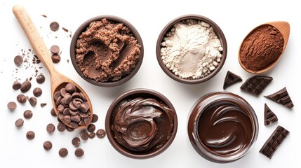 Chocolate scrub isolated on white, top view showing natural ingredients
