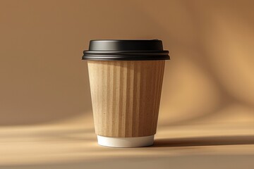 Takeaway coffee cup with black lid, artistic shadow play, minimalism.