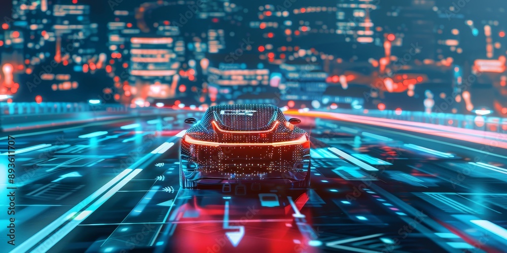 Poster A self-driving car navigating through traffic with sensors and AI algorithms visualized around it, demonstrating advancements in AI-powered transportation