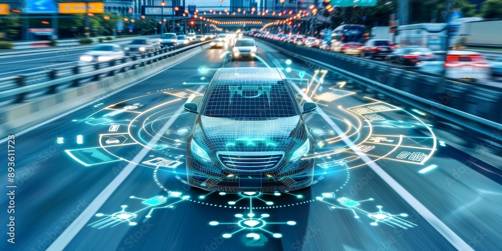 Leinwandbilder A self-driving car navigating through traffic with sensors and AI algorithms visualized around it, demonstrating advancements in AI-powered transportation