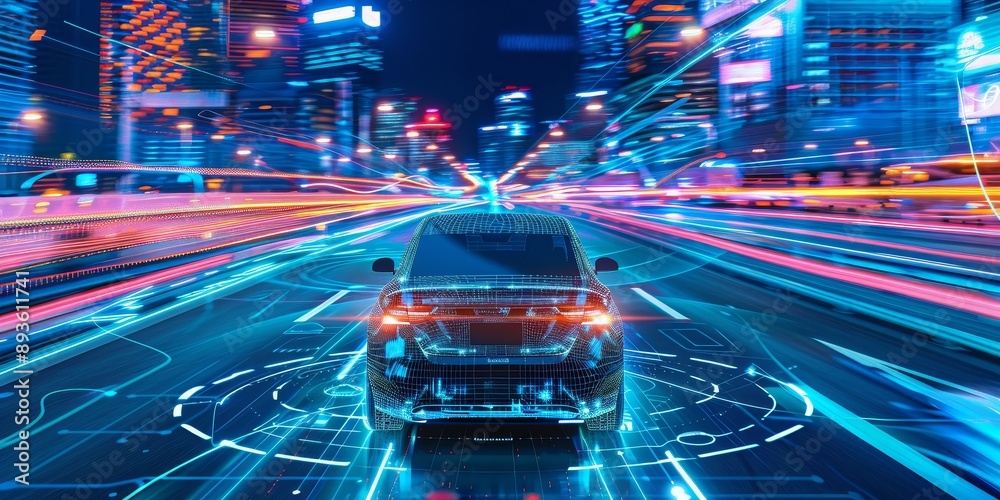 Aufkleber A self-driving car navigating through traffic with sensors and AI algorithms visualized around it, demonstrating advancements in AI-powered transportation