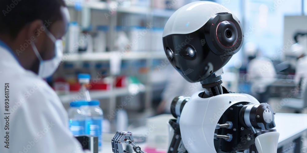 Poster a close-up of a humanoid robot assisting a scientist in a laboratory, illustrating the collaboration