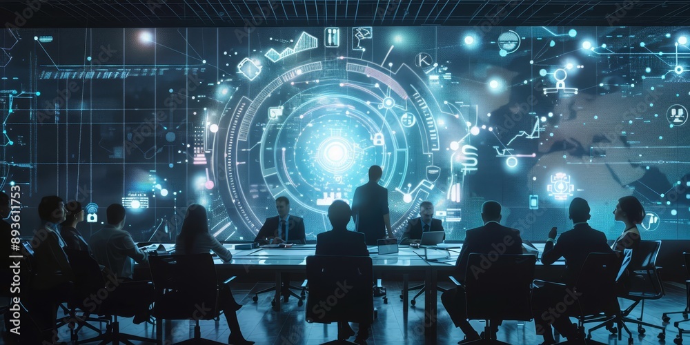 Aufkleber A business meeting where executives discuss data analytics displayed on large AI-driven interactive screens, showing the role of AI in decision-making
