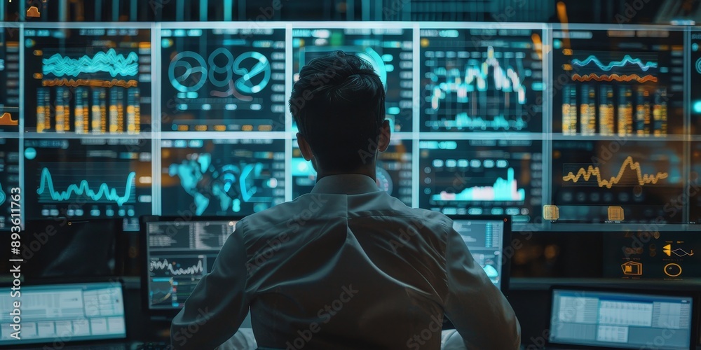 Poster A financial analyst using AI software to predict stock market trends, with graphs and data visualizations illustrating the power of AI in finance