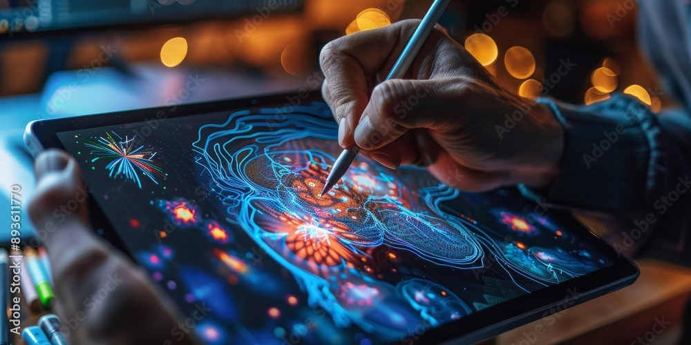 Poster A digital artist creating a masterpiece on a tablet with the help of AI algorithms, showcasing the fusion of creativity and technology