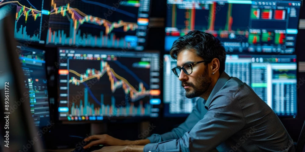 Poster A financial analyst using AI software to predict stock market trends, with graphs and data visualizations illustrating the power of AI in finance