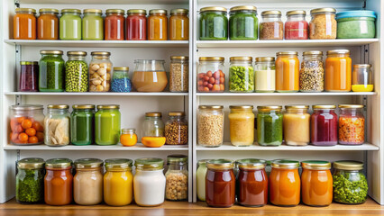 A pristine pantry showcases an array of neatly labeled jars and containers stocked with an assortment of wholesome homemade baby food purees and snacks.