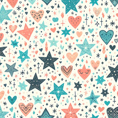 Cute seamless pattern of tiny stars and hearts in pastel colors