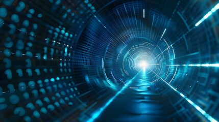 Fototapeta premium Abstract Digital Background with Blue Glowing Lights and Code Lines Forming an Illuminated Tunnel to the Future, Symbolizing Technology Innovation and Data Transfer in Virtual Space