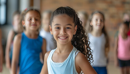 Cute smiling preteen girl exercising with group of children in choreography class