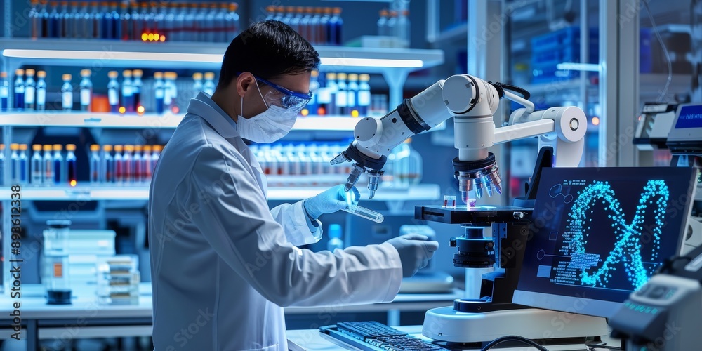 Fototapete A biotech engineer programming a robotic arm to handle interconnected cell samples, surrounded by advanced lab equipment and digital DNA sequences, showcasing automation in biotech