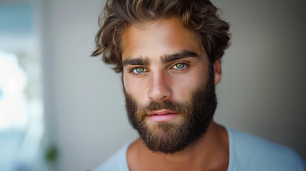 Fototapeta premium Close-up portrait of a young man with a natural beard and curly hair