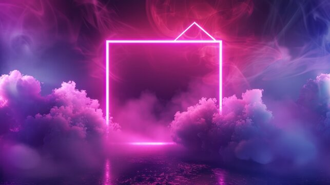 Abstract neon background with glowing square shape and spinning cloud. Blank geometric frame