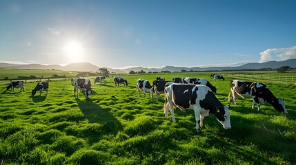 Fototapeta premium Lush Green Pasture with Herd of Holstein Cows Grazing Under Clear Blue Sky Sustainable Dairy Farming Concept