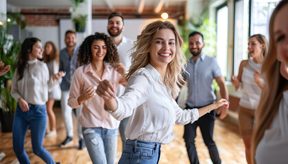 Obraz premium Group of happy adult people dancing modern social dances in pair at dance school