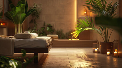 Fototapeta premium Relaxing spa treatment room with soft lighting and lush greenery