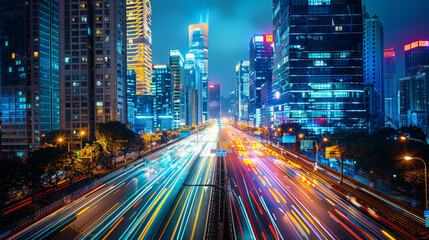 Fototapeta premium Long exposure of a busy highway at night with light trails from cars, highlighting urban traffic flow and city lights.