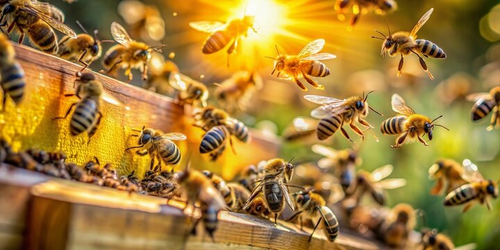 Vibrant yellow and brown bees throng around honey-laden frames, their busy wings a blur as they work together in a sun-kissed beehive interior.