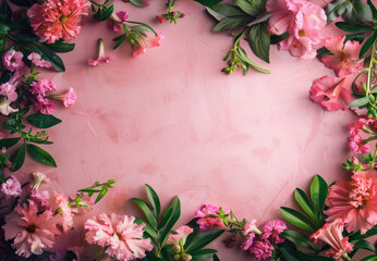 Pink azaleas white daisies framing white rectangular center bright blue background, flat lay