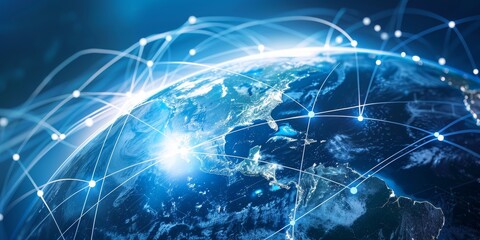 Obraz premium A globe with luminous lines radiating across its surface, illustrating interconnected networks and global technology