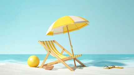 3d illustration of a beach chair with an umbrella and a ball in the sand on a blue background