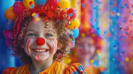 Portrait kids dressed clowns curly wigs red noses playing throwing confetti brightly colored