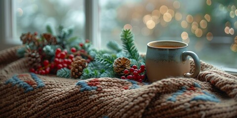 Cozy Winter Scene with Coffee and Blanket