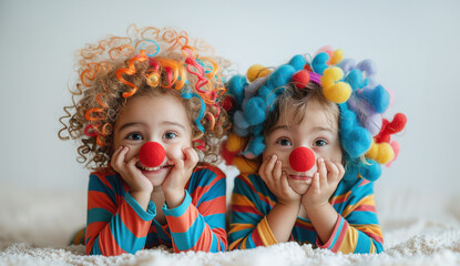 Fototapeta premium Cheerful children clown costumes curly wigs red noses. Each child poses different emotions