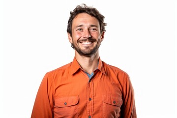 Portrait of a happy man in his 30s sporting a breathable hiking shirt over white background