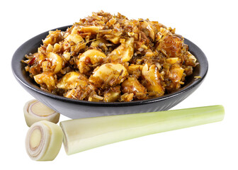 Stir-fried minced lemongrass and roasted peanuts in a black ceramic bowl