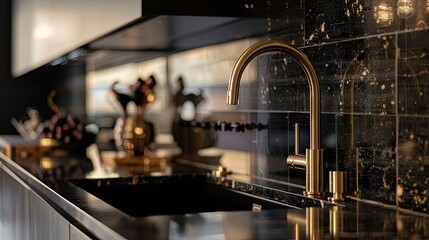 Gold faucet with black countertop and elegant backsplash in a sophisticated kitchen