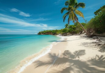 Obraz premium A secluded cove with powdery white sand and gently swaying palm trees