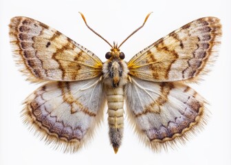 A delicate moth with a fuzzy body, feathery antennae, and muted wing colors and patterns, isolated on a pure white background, showcasing its unique beauty.
