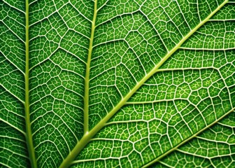 Obraz premium Delicate intricate patterns and veins adorn the gentle curves of a lush green leaf's surface, providing ample copyspace for creative text or design overlays.