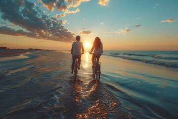 A scenic image of a couple riding their bicycles along the beach during sunset, capturing a romantic and serene moment with the glowing sky and gentle waves as the backdrop.