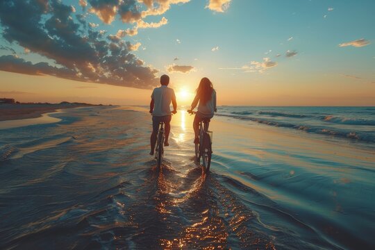 A scenic image of a couple riding their bicycles along the beach during sunset, capturing a romantic and serene moment with the glowing sky and gentle waves as the backdrop.