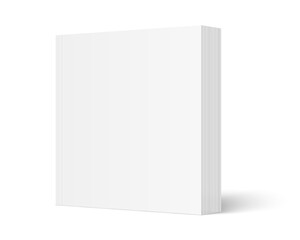 Vector mockup of standing paperback book with white blank softcover isolated. Square book, catalog or magazine mock up on white background. 3d illustration. Diminishing perspective.