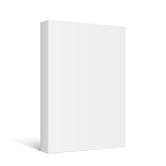 Vector mockup of standing paperback book with white blank softcover isolated. Vertical book, catalog or magazine mock up on white background. 3d illustration. Diminishing perspective.