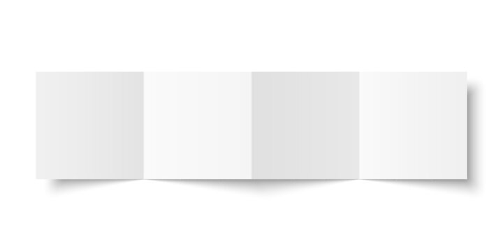 Vector white blank square four panel accordion fold opened on white background. Concertina fold, leaflet, brochure, booklet, flyer or invitation card mockup. Mock up front side isolated.