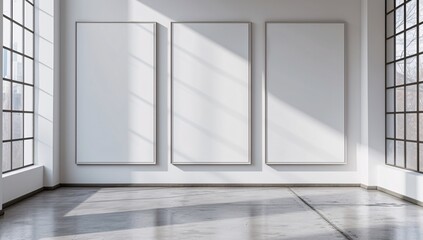 Fototapeta premium Set of three large blank white posters ideal for artists and designers to personalize. Perfect for modern, minimalist decor in studios or homes.