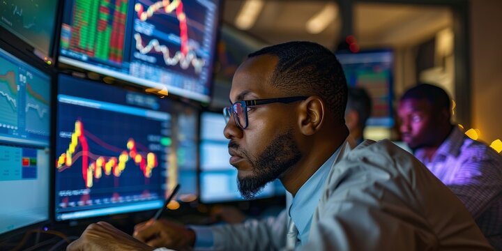 A diverse team of stock traders monitoring market fluctuations and stock prices on multiple computer screens