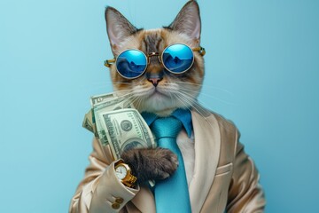 A stylish cat with blue sunglasses and a gold watch flaunts cash while wearing a sharp suit, exuding wealth and confidence in a humorous and cool manner.