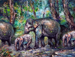 hand painted original impressionism art painting oil color elephant family thailand	