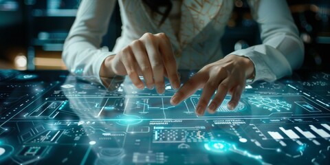 A businesswoman using a digital interface table to visualize growth strategies and financial projections