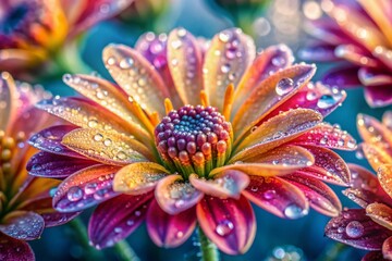 Vibrant close-up macro shot of delicate wet blooming flowers adorned with sparkling morning dew drops, showcasing intricate textures and colors in stunning detail.